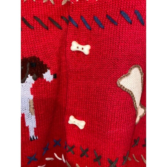 Women's Tribeca Studio Red Novelty Dog Sweater Cardigan Size Large Bone Buttons - Picture 8 of 11